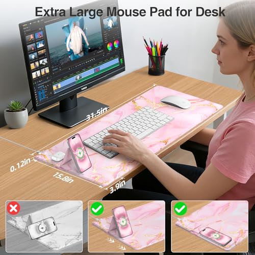 Image of Wireless Charging Mouse Pad with Foldable Phone Holder, 31.5 inchx15.8 inch Large Desk Mat for Laptop /Keyboard, Waterproof Ultra-Smooth Surface, Non-Slip Base, Pink Marble