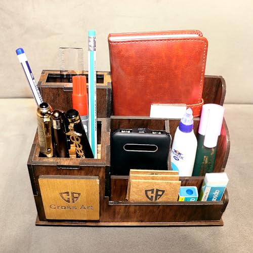 Image of Teak Wood Personalized Gold Pen Stand With Name, Table Watch, Calendar, Stationery & Wooden Desk Organizer Custom Corporate Gift For Doctors, Office, Study, New Year Gift For Employees (PS 002)