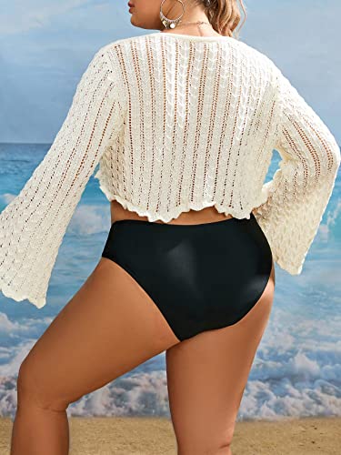 Floerns Women's Plus Size V Neck Long Flounce Sleeve Tie Front Knit Crop Cardigan2