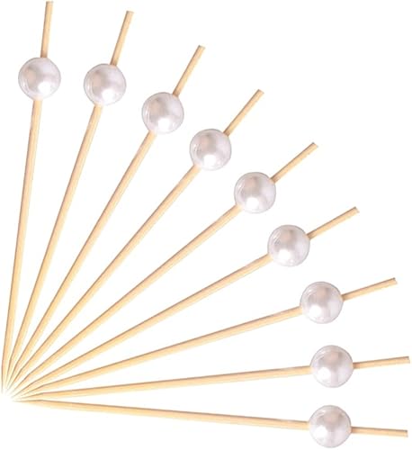 Púas de cóctel de bambú, 200 unidades, con parte superior de perlas blancas marfil, 4.7 pulgadas, mini púas para aperitivo, bebidas, frutas,
