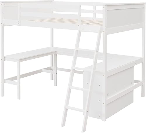 Miniatura 4 de Flieks Cama alta de tamaño matrimonial con estantes de 3 niveles y escritorio cama alta de madera para niños marco de cama que ahorra espacio con