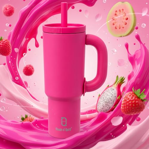 Image of House of Quirk 1200ml Stainless Steel Tumbler with Handle, Straw & Straw Cap | Leakproof Water Bottle | Large Capacity Travel Mug (Fuchsia Pink)