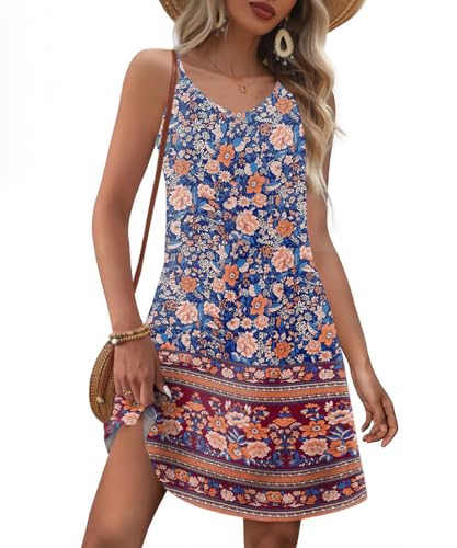 GRMLRPT Leichtes Sommerkleid Damen Kurze Boho Trägerkleid mit Paisley Muster Ärmelloses A-Linie Kleider mit Taschen Strandkleidung für Urlaub und...