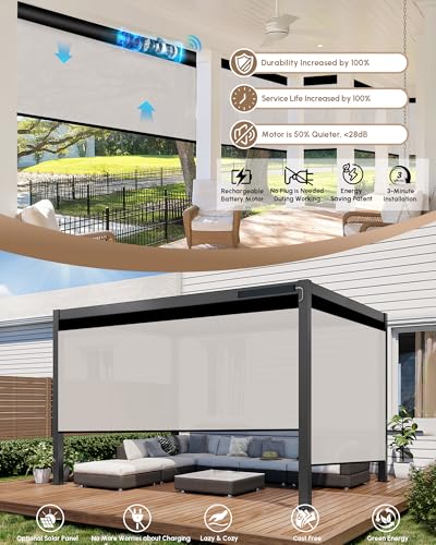 Image of Kincmo Motorized Outdoor Shades for Patio Porch, Custom Outdoor Motorized Blinds with Remote, Waterproof & Windproof Patio Shades Work with Apple Home,Alexa,Google (White-1% Openness)