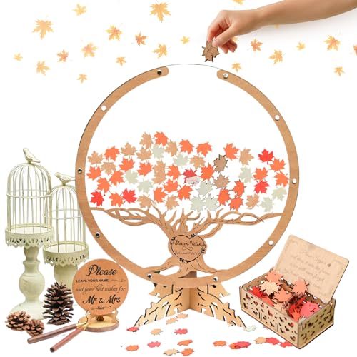 Image of Personalized Fall Maple Tree Drop Box Wedding Guest Book Alternative | Rustic autumn wedding guestbook alternative with leaf drop box, guests sign leaves to fill the maple tree keepsake