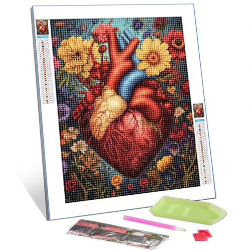 Women/Men Heart Diamond Painting DIY 5D Numbering Kit Human Organ Body Anatomy Crystal Rhinestone Diamond Paintwork Garden Flowes Artwork Home Decor Adults Romantic Boho Gift(12Wx 16H)