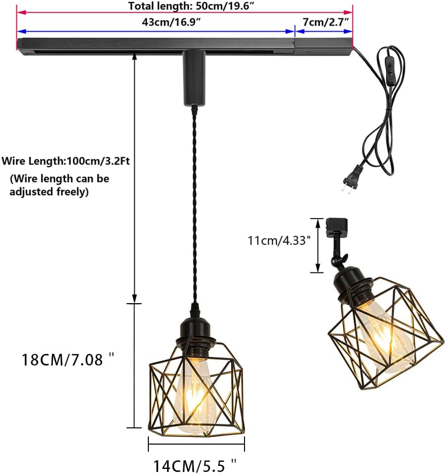 1x Plug in Cable Track Rail, 1X Adjustable Cord, 1x Adjustable Angle Black Metal Cage Track Lighting Fixtures H-Type Vintage Design for Kitchen Loft(No Bulb)