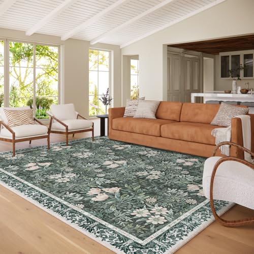 Image of Washable 8x10 Area Rug - Light Green Vintage Floral with Ornate Border, Soft Low Pile Carpet for Living Room, Dining Room Under Table, Bedroom Non-Slip, Stain Resistant & Durable