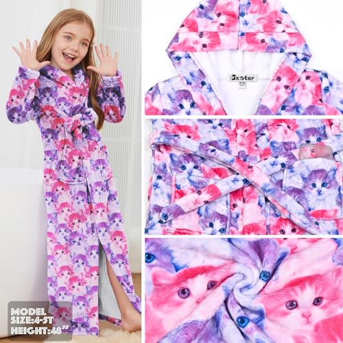 Image of Jxstar Girls Bathrobes Kids Long Hooded Robes Plush Full Length Coral Fleece Pajamas Sleepwear