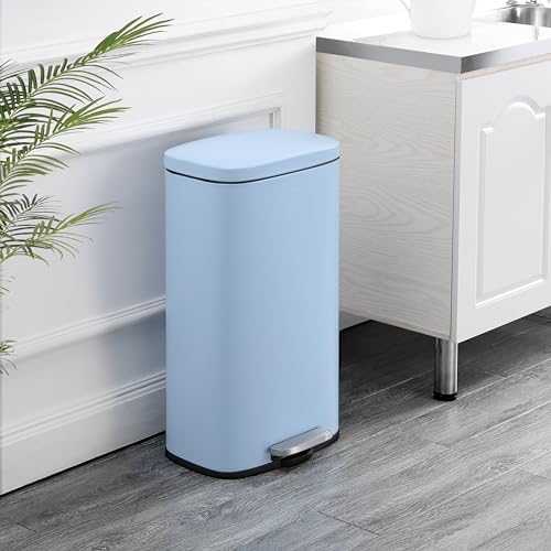 Image of happimess Curtis 8 Gal Step Trash Can Soft Close 25 inch, Tide Pool Blue | Iron Construction, Satin Finish, Removable Liner, Steel Pedal, 20 Trash Bags Included, Kitchen Office Bin