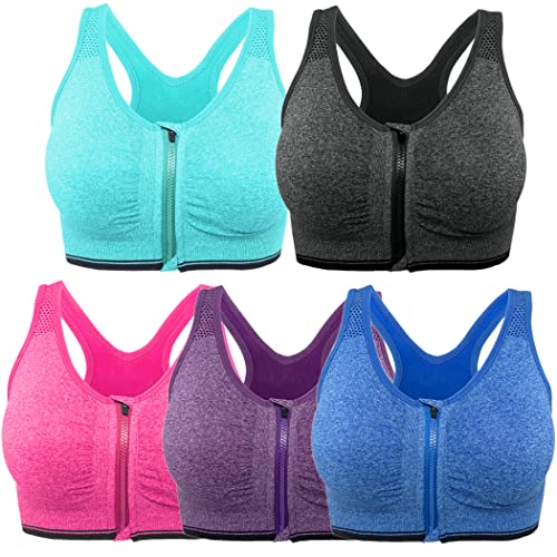 Damen Sport-BH mit Reißverschluss vorne, kabellos, nach Operationen, Racerback, Yoga, Sport-BHs, 5er-Pack (grau + blau + rot + lila + grün), Medium Damen Sport-BH mit Reißverschluss vorne, kabellos, nach Operationen, Racerback, Yoga, Sport-BHs, 5er-Pack (grau + blau + rot + lila + grün), Medium