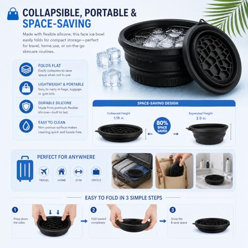 Image of ANTIL'S Silicone Ice Face Bowl with Built-in Ice Tray - Collapsible Facial Ice Bath Tub for Skin Tightening, Acne Relief & Cold Plunge Therapy - Portable Spa Tool for Home & Travel (Pack of 1) Black Color