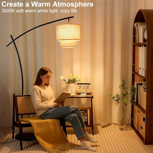 Image of Lightdot Arc Floor Lamp Modern Dimmable Standing Lamp for Living Room,Black | 70in 3000K Arched Floor Lamp with Rotary Dimmer, Double Fabric Lampshade, Marble Base for Home Lighting(T45 Bulb Included)