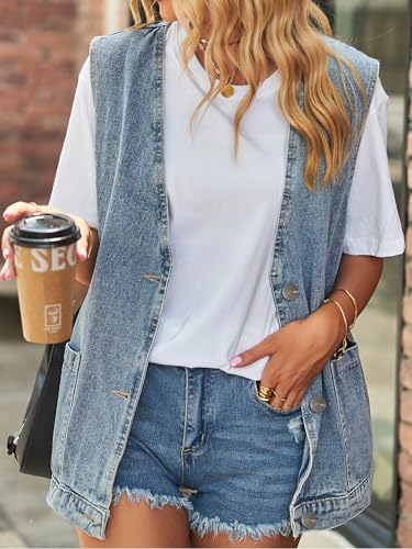 Women's Sleeveless Denim Vest Oversize Button Down Ripped Waistcoat Jacket3