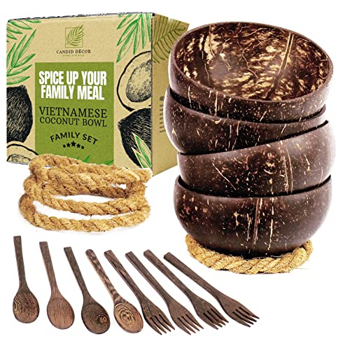 Candid DÃ©cor Natural Handmade Coconut Bowls Family Set Polished with non-slip Ring Stands and Wooden Spoons and Forks for serving Smoothies and Acai (Set of 4 Bowls, Forks, Spoons, Ring Stands)