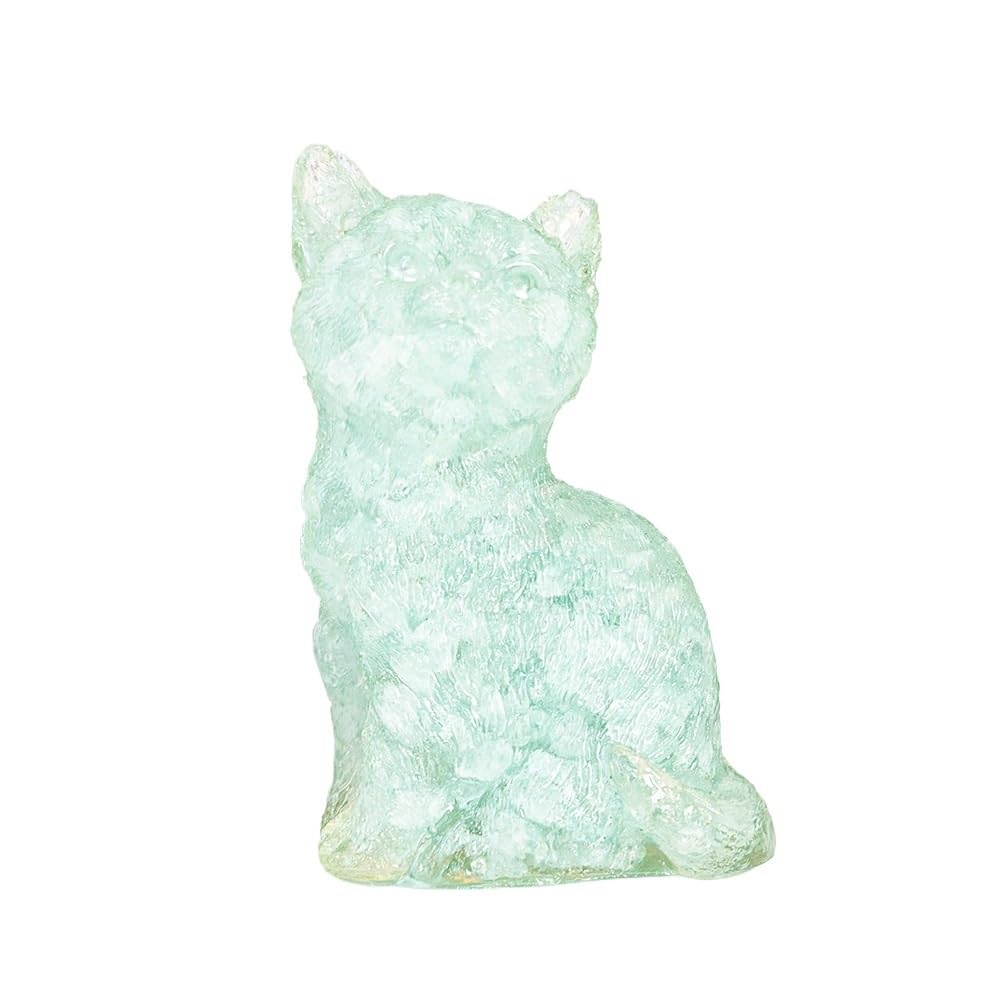 HUFFA Natural Crystal Sitting Cat Figurine - Resin-Filled Desk Decoration with Raised Head(Aquamarine)
