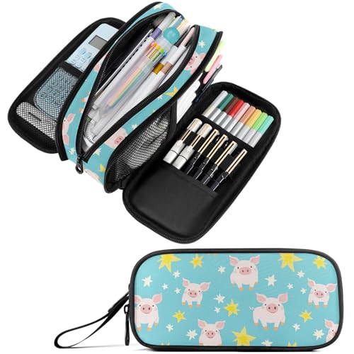 Image of Fustylead Cute Piglets and Stars Pencil Pen Case Stationery Bag 3 Compartments School College Office Organizer Cosmetics Bag