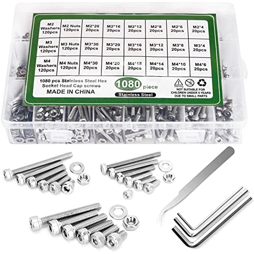 MOOING 1080 PCS M2 M3 M4 Kit en Acier inoxydable Bouton à tête hexagonale Socket Tête Câble Boulons Vis avec écrous Assortiment,Avec Rondelles et Clé,Boîte de Rangement