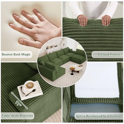 Image of 136 inch Cloud Couch Modular Sectional Sofa for Living Room, U-Shape Boneless Couch with Deep Seat, Modern Corduroy 6-Seater, No Assembly Required, Green