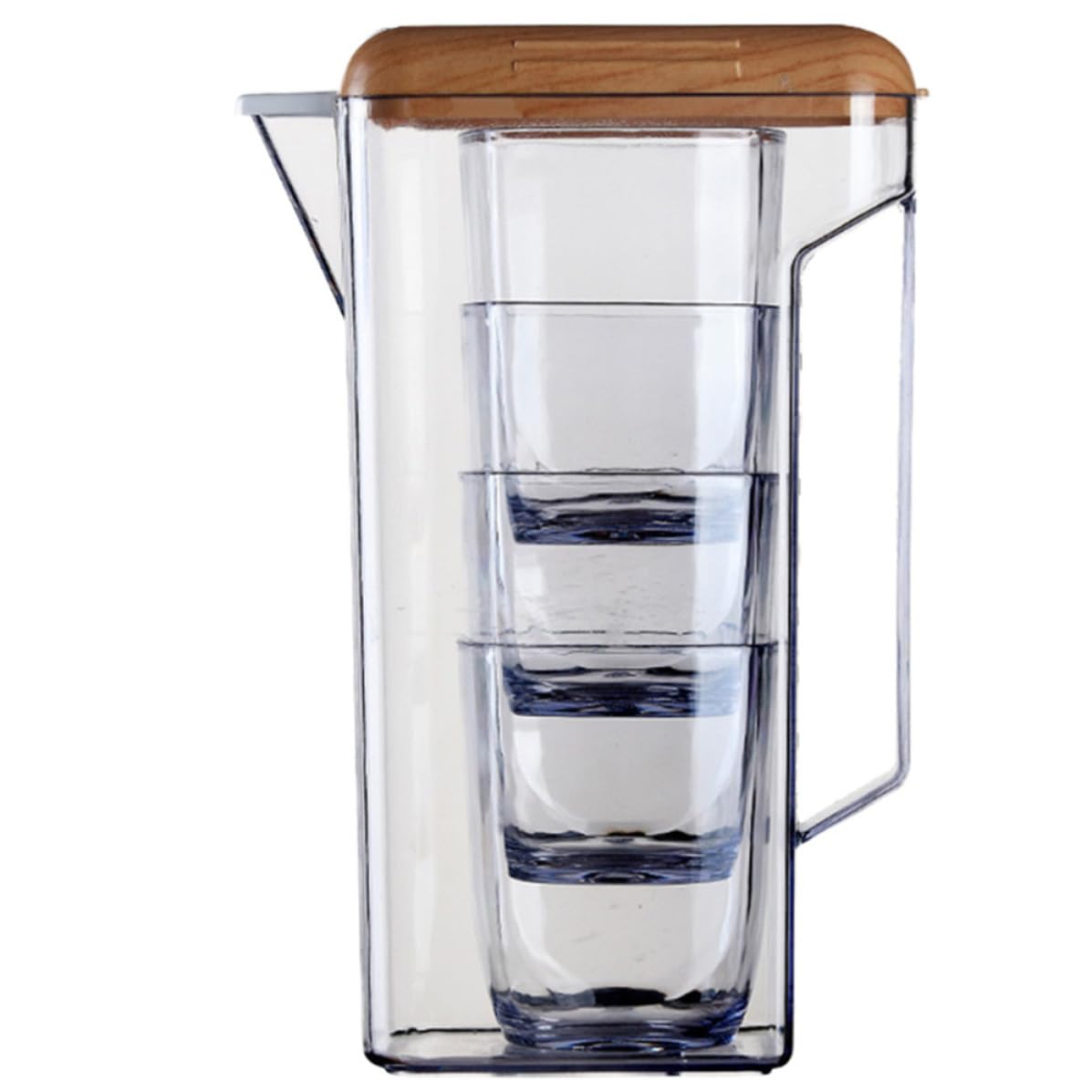 Jarra de Agua Fría de Plástico Asa 1600ml y Tapa Madera | As y Pp, Transparente, para Bebida Casera y Té Helado, Uso en Cena o Barbacoa