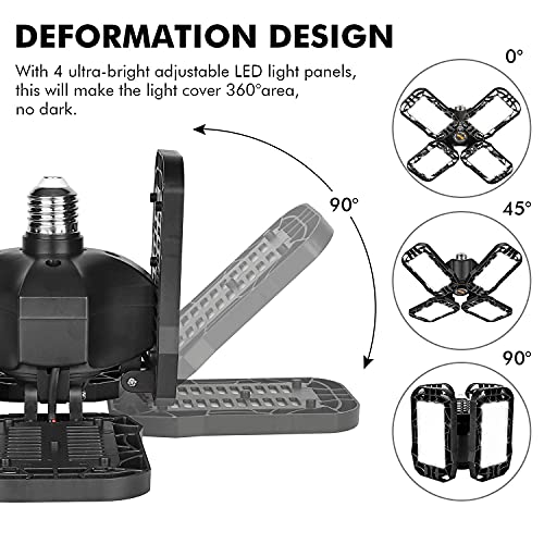 Image of Tudoccy LED Garage Light 4 Pack, 120W Ultra Bright LED Shop Light with 4 Adjustable Panels, 18000LM E26 /E27 Base Deformable Ceiling Fixtures for Garage, Workshop, Attic, Basement, Barn (Black-4 Pack) | E26 /E27 base, Deformable Ceiling Fixtures, For Workshop, Attic, Basement, Barn, Black