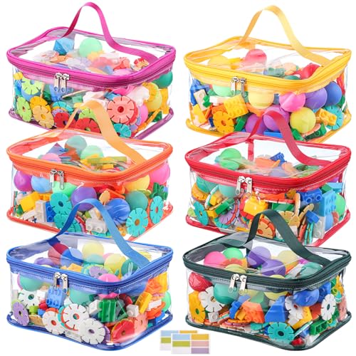 6 Packs Clear Toy Storage Bags Colorful PVC Waterproof Toy Organizer with Zip Reusable Bags for Building Blocks Board Game Puzzles Kids Books Stationery