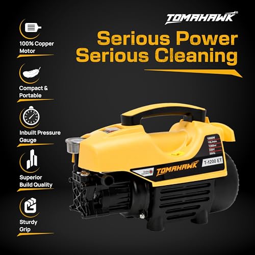 Image of Tomahawk T-1200 Induction Motor Pressure Washer - 120 Bar High Pressure, 1300W Deep Cleaning Power | 1-Line Compact Washer with 8m Hose, Pressure Gauge & Foam Bottle for Car, Bike & Home