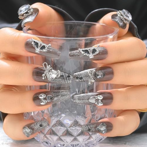 Sethexy Long Coffin Handmade False Nails - Glitter French Tip, Rhinestone, 3D Design Press on Nails Women Salon Stick on Nails 10PCS - Image 2