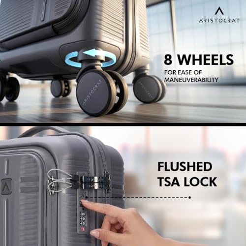 Image of Aristocrat Solana Cabin Trolley Bag 53cm | Small | Hard Luggage | 8-Wheel Suitcase with Laptop Compartment for Business Travel | TSA Lock with Anti-Theft Zipper | 3 Years International Warranty (Grey)