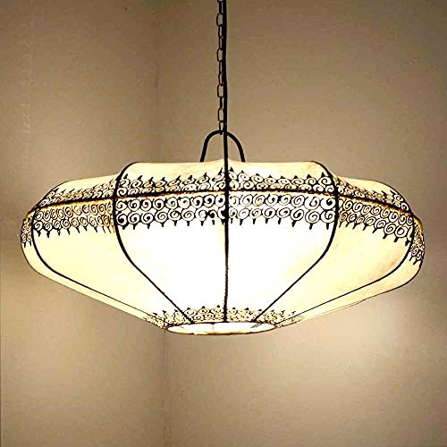 Orientalische Lampe Pendelleuchte Hängeleuchte Ovni Natur Farbe Weiß 54x27 cm Groß (DxH) Lederlampe Hennalampe Lampe…