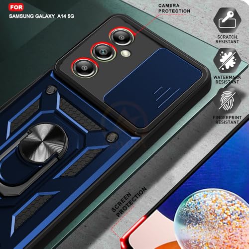 Image of Armor Bumper Back Cover Case for Samsung A14 Rotating Camera Cover, Ring Holder & Kickstand | Heavy Duty & 360 Degree Protection Samsung A14 Back Cover (Blue)