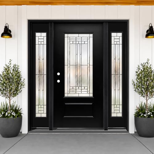 Fiberglass Front Entry Door with Sidelights - 68x80in, Right-Hand Inswing, Black Textured Finished with Decorative Glass Knock-Down Exterior Door with Two Sidelites