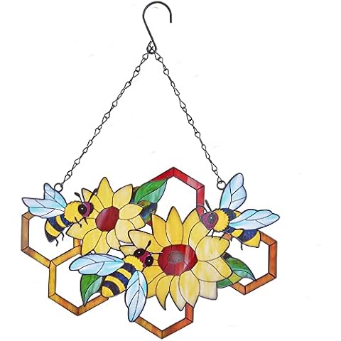 Bees & Flowers Suncatcher Stained Metal Window Hangings, Multi-Color Bee Flower Wall Art Decoration Sculpture Plaque Gifts (Double-Side Colorful Painted Cover