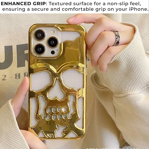 Image of Kraptick Polycarbonate iPhone 16 Pro Case - Electroplated Skull Face Design Mobile Cover, Stylish & Durable Phone Cover, Lightweight Protective Fit for Apple iPhone 16 Pro -(Gold)