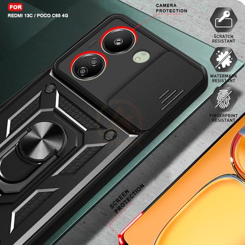 Image of Armor Bumper Back Cover Case for REDMI 13C 4G / Poco C65 Rotating Camera Cover, Ring Holder & Kickstand | Heavy Duty & 360 Degree Protection REDMI 13C 4G / Poco C65 Back Cover (Black)