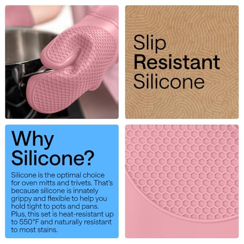 Image of GORILLA GRIP BPA-Free Soft Silicone Oven Mitts and Pot Holders Sets of 4, Heat Resistant Waterproof Cooking Gloves, Thick Cotton Lining, Flexible Gripping for Baking Grilling, Kitchen Trivets, Pink