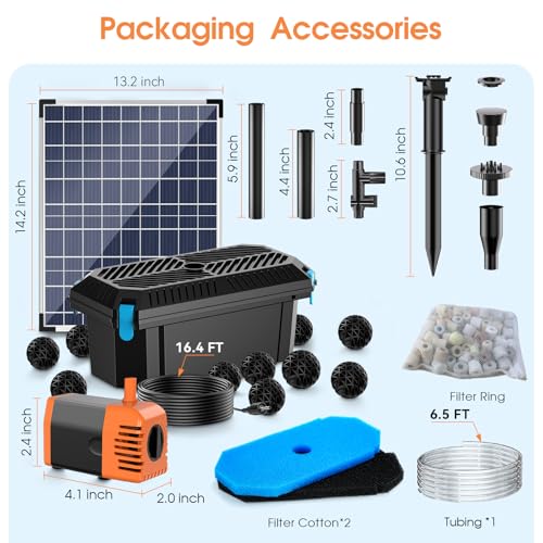 Image of Antfraer 30W Solar Pond Filter with Water Pump Kit, Solar Pond Pump with 6.6FT PVC Tubing & 16.5FT Cord Pond Filter for Outdoor Garden Waterfalls, Koi Ponds & DIY Water Features