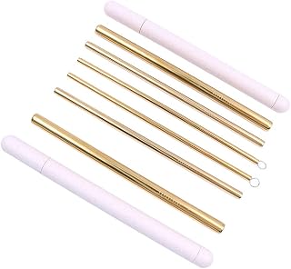 Split Portable Reusable Straws, Big Three-in-One Stainless Steel Small Straw Set, Metal Straws with Cleaning Brush, Creative Portable Wheat Case Cover (Gold)