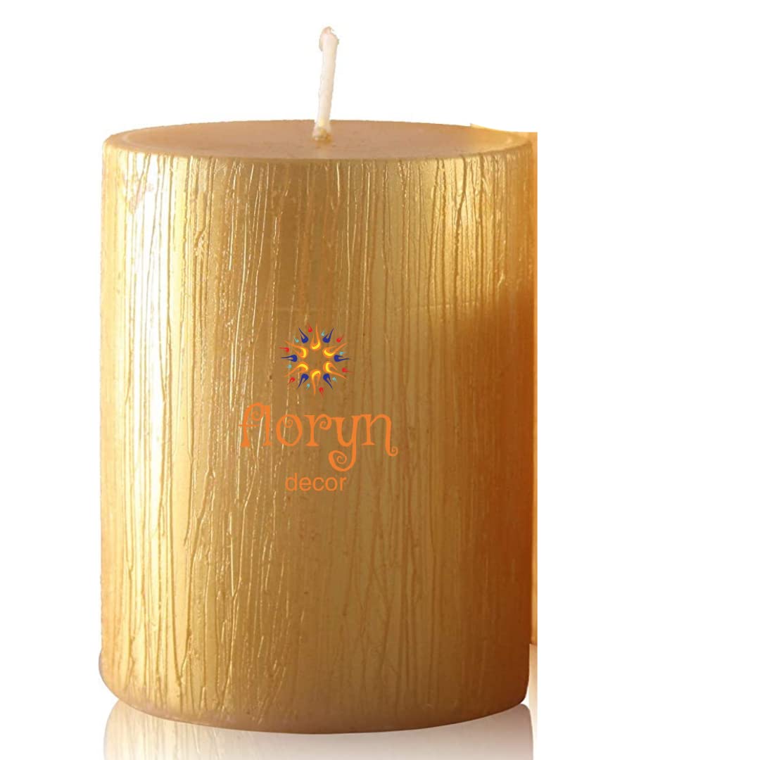 Floryn Decor Rustic Finish Metallic Big Pillar Candle | Smokeless & Dripless Pillar Candle (Gold, 3 * 3 inch)-image-22