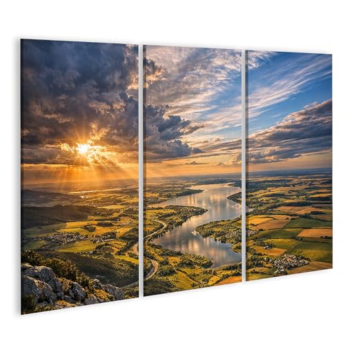 Tableau sur toile coucher de soleil lac et champs en 3 pièces