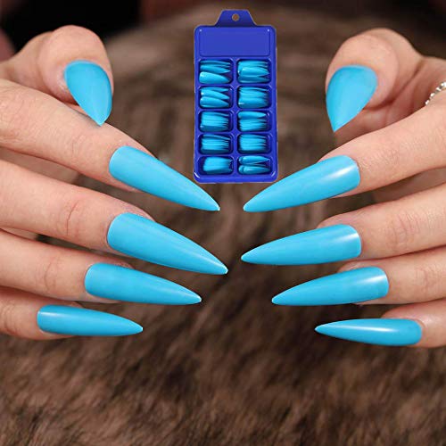 Awanka Extra Long Press on Nails Stiletto Fake Nails Glossy False Nails Sharp Full Cover Acrylic Nails Tips for Women and Girls 100Pcs (Blue)