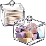 Modern Square Qtip Holder Acrylic Bathroom Vanity Countertop Storage Organizer Canister Jar for Cotton Swabs, Rounds, Balls, Makeup Sponges, Bath Salts - 2 Pack - Clear