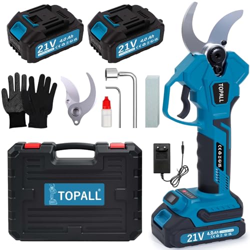 TOPALL Secateur Electrique Sans Fil,4MM Sécateur Électrique a Batterie 2 * 4000mAH | LED Écran | 800W Moteur Sans Balais | Coupe Branche Electrique pour Jardin/Arbres/Fleurs