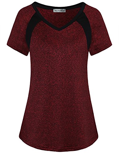 MISS FORTUNE Short Sleeve Workout Shirt for Women, Ladies Exercise Top V Neck Gym Plus Size Active Wear Short Sleeve Loose Running Tshirt Wine Red 1x