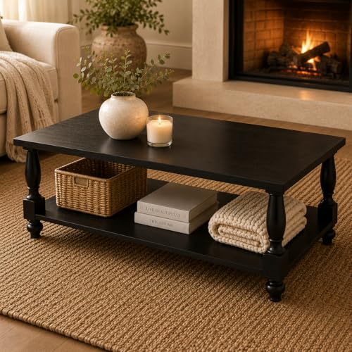 Image of Homieasy 47 inch Farmhouse Coffee Table with Storage, Rectangular Wood Center Table with Solid Wood Turned Legs & Thickened Top, 2-Tier Cocktail Sofa Table for Living Room, Black