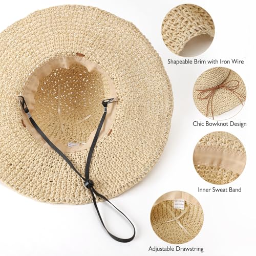 Image of Beach Sun Straw Hats for Women, Floppy Wide Brim Summer Straw Hats, Foldable Packable Roll up Cap