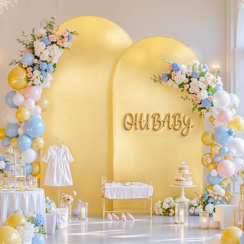 Image of Gold Yellow Arch Covers 7.2 and 6ft Sequin Sparkly Birthday Party Arch Backdrop Covers Set of 2 Spandex Shimmer Balloon Arch Stand Cover for Wedding Bridal Shower Baby Shower Photo Arches Background