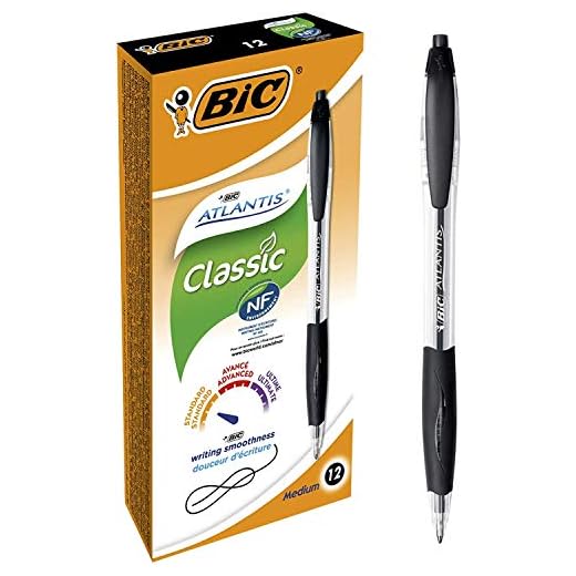 BIC Atlantis Classic bolígrafos Retráctiles punta media (1,0 mm) - Negro, Caja de 12 unidades
