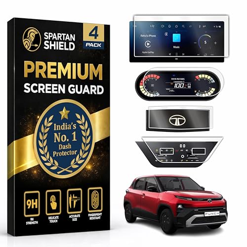 Image of Spartan Shield [4 PACK] SCREEN GUARD For TATA PUNCH 2026 Facelift || ACCOMPLISHED || 10.25-INCH [THIN BEZEL] INFOTAINMENT TOUCHSCREEN + 4-INCH INSTRUMENT CLUSTER + STEERING + AC PANEL || Anti Scratch | Water Resistant | HD Clarity || Car Display Music System Protector | TataPunch 9H Accessory 2026+ [Not Tempered Glass]