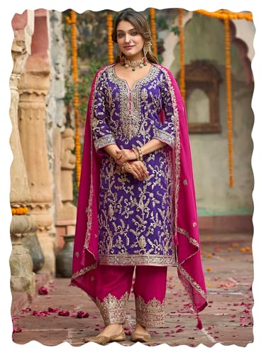Image of INDO ERA Women's Silk Blend Embroidered Straight Kurta & Pant With Dupatta Set (IEOUT10592)